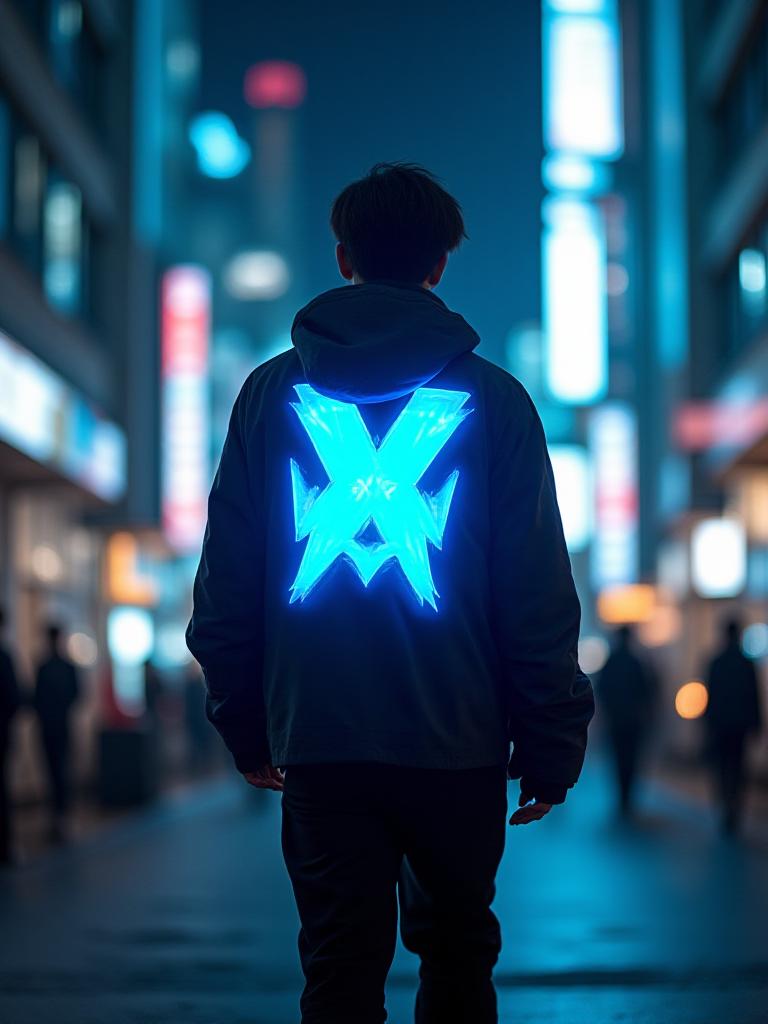 夜の都市を歩く、Zenith Garbの光るジャケットを着た人物