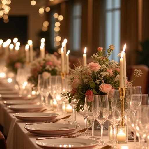 An elegant wedding reception table decorated with literature-themed floral arrangements.