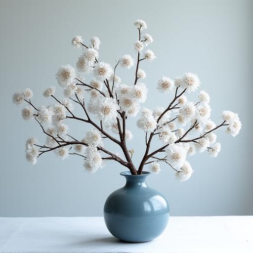 A minimalist arrangement with white flowers and bare branches, evoking the snow country.